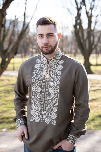Вишиванка, чоловіча вишита сорочка на оливковому льоні (Арт. 03388) 03388 фото
