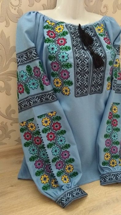 Вишиванка, жіноча вишивана блузка на блакитному домотканому (Арт. 02197) 02197 фото